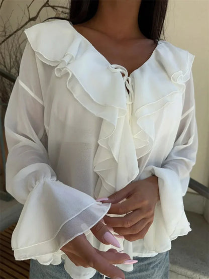 Chiffon V-neck Ruffled See-through Lace-up Blouse