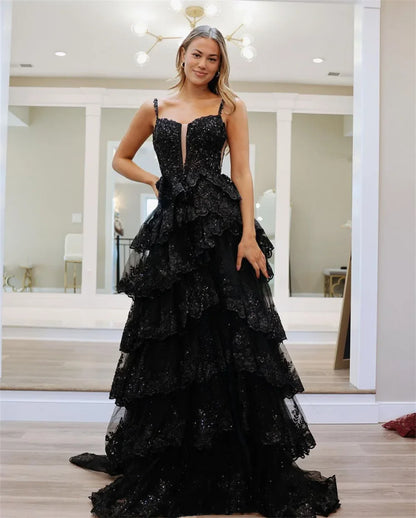 Glitter Black Layered Prom Dress
