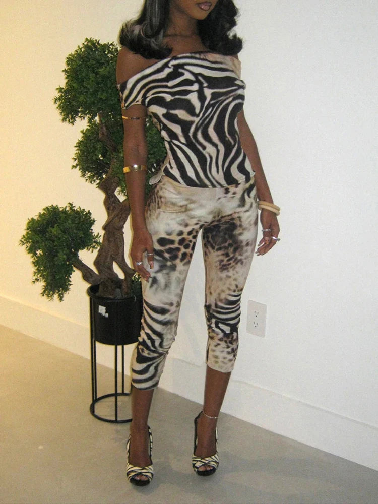 Leopard Print Slash Neck Backless Top Two Piece Shorts Set