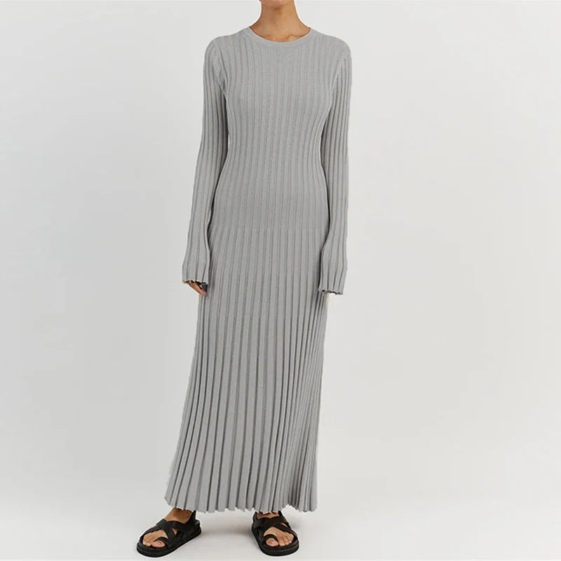 Ribbed Knit Crew Neck Maxi Dress