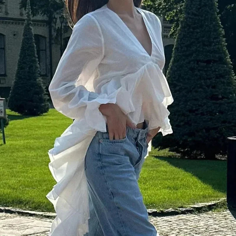 Ruffles V-neck Long Sleeve Casual Blouse
