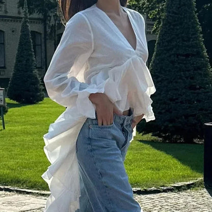 Ruffles V-neck Long Sleeve Casual Blouse