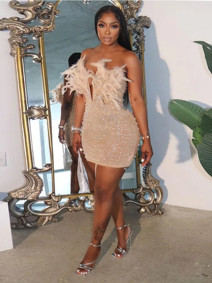 Feather Strapless V Neck Mesh Party Dress