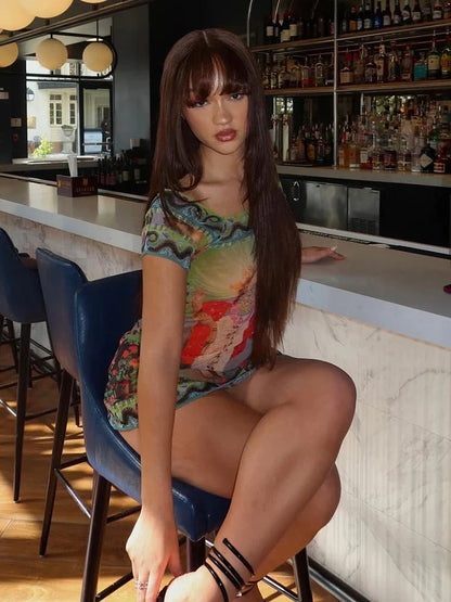 Printed Mesh Crew Neck Short Sleeve Mini Dress