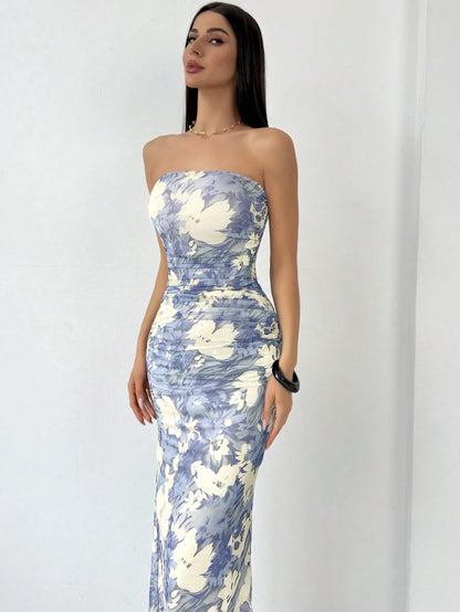 Strapless Hip Wrap Floral Dress