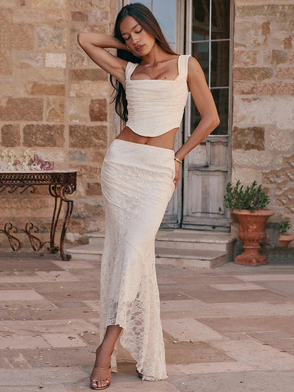 Lace Crop Elegant Skirt Knit Set