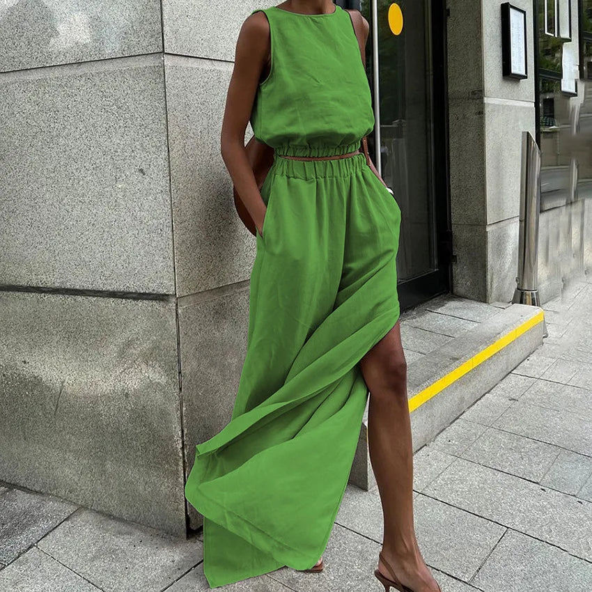 Cotton Linen Khaki Sleeveless Two Piece Pants Set