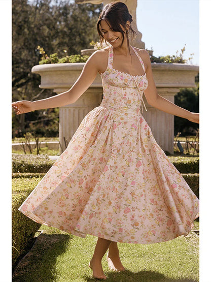 Print Wrap A-line Halter Midi Summer Dress