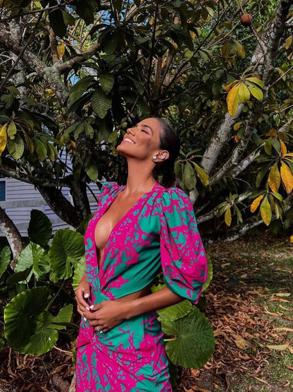 Elegant Print Cutout Puff Sleeve Bodycon Work Dress