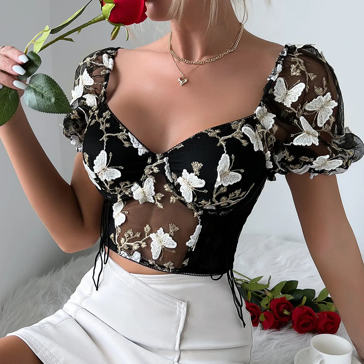 Puff Sleeve Mesh Patchwork Boho Crop Top