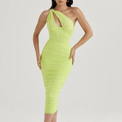 Mesh One Shoulder Backless Ruched Midi Dress