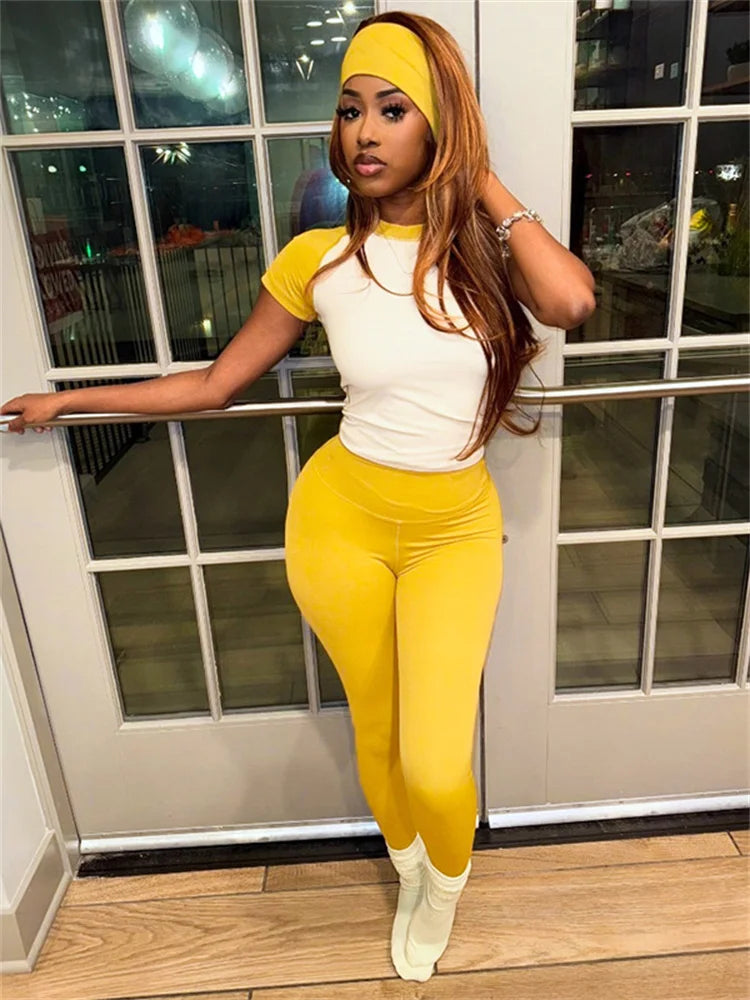 Contrast Patchwork Sport Two Piece Pants Set