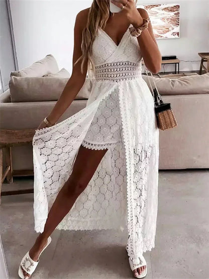 Summer Lace Playsuit V Neck Hollow Out Midi Dress