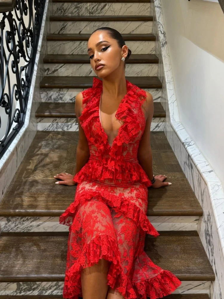 Halter Ruffles Floral Slim Midi Lace Dress