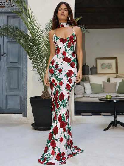 Halter Backless High Waist Floral Dress