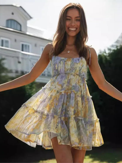 Bowknot Spaghetti Chiffon Floral Dress