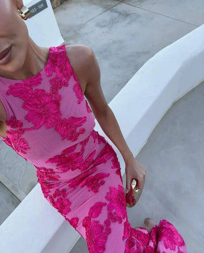 3D Flowers Sleeveless Party Midi Dress