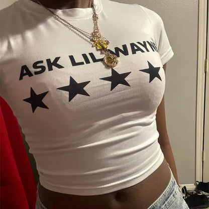 Y2K Star Letter Print Slim Crop Top