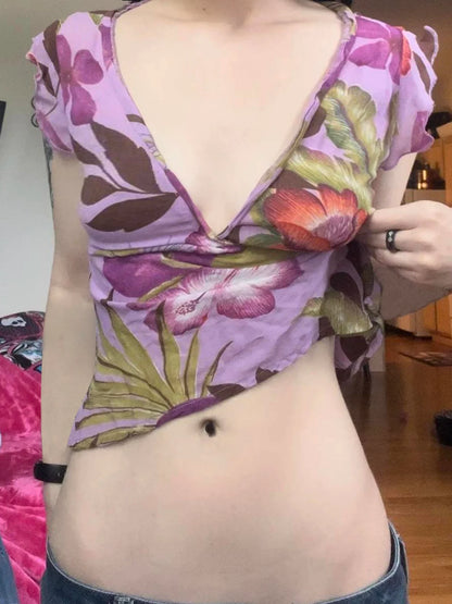 Butterfly Sleeve Slim Fit V-Neck Blouse Crop Top