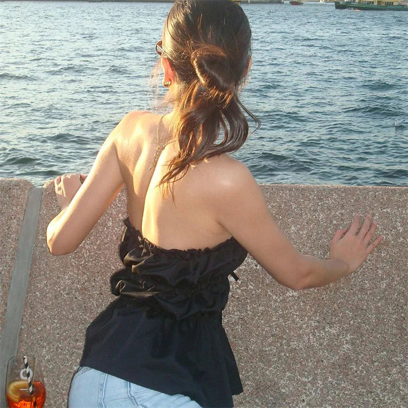 Solid Ruched Tie Up Tube Strapless