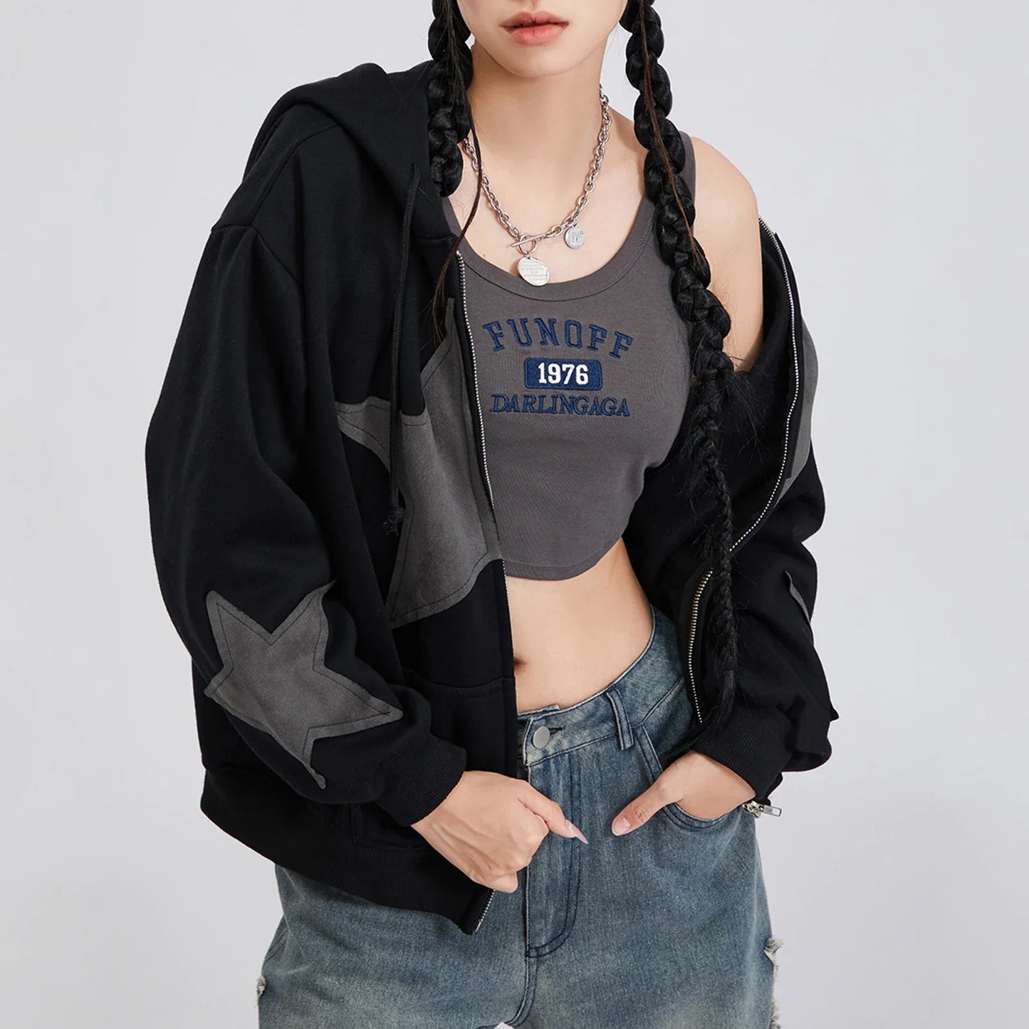 Star Print Drawstring Hoodie