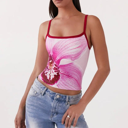 Y2K Floral Print Contrast Trim Slim Cami Top