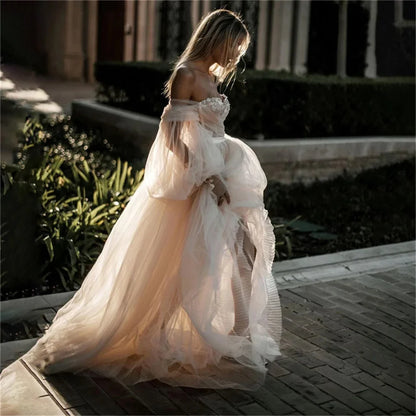 Off Shoulder Beige Tulle Prom Dress