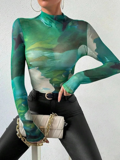 Gradient Patchwork Slim Fit Sheer Top