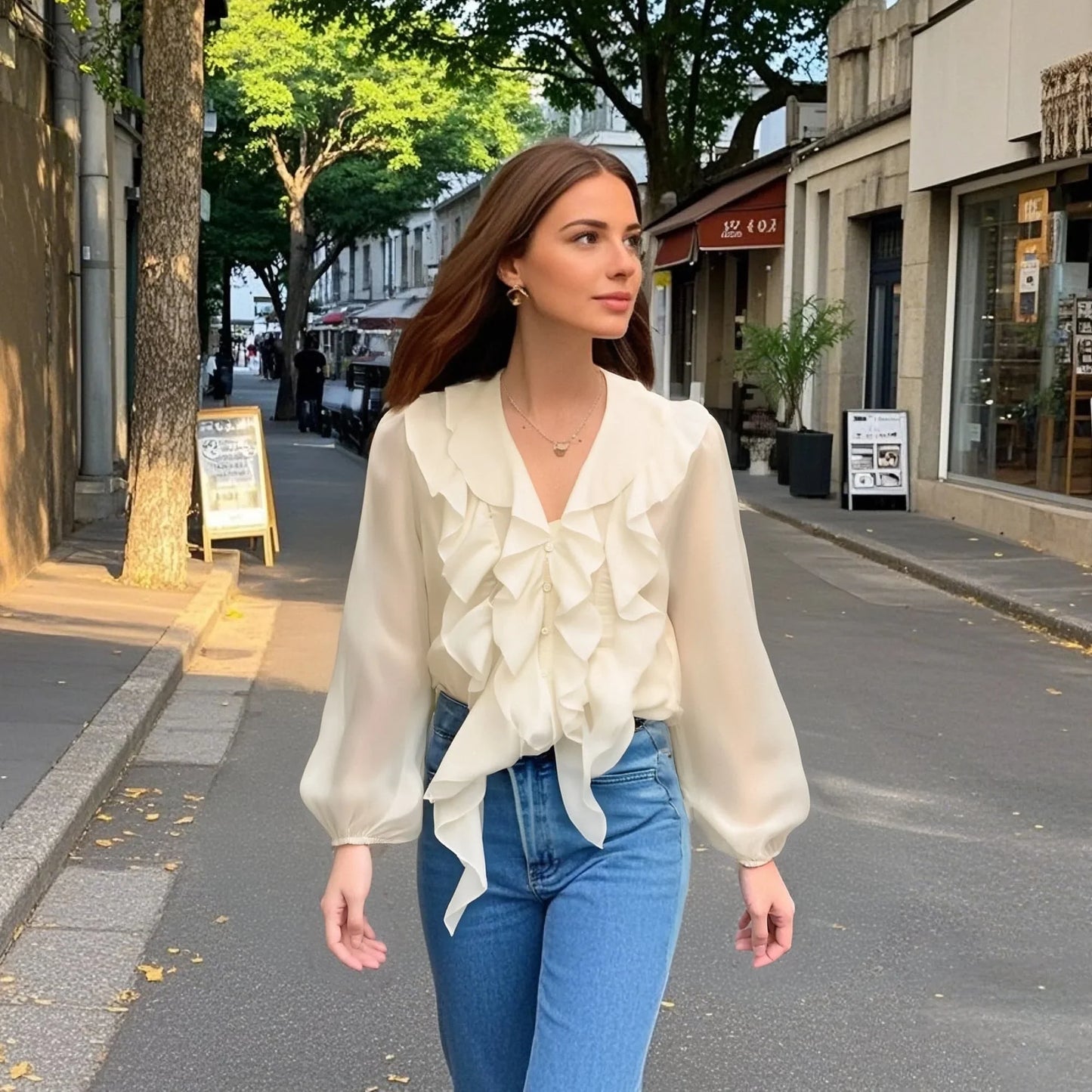 Long-sleeved V-neck Ruffled Puffy Sleeve Blouse