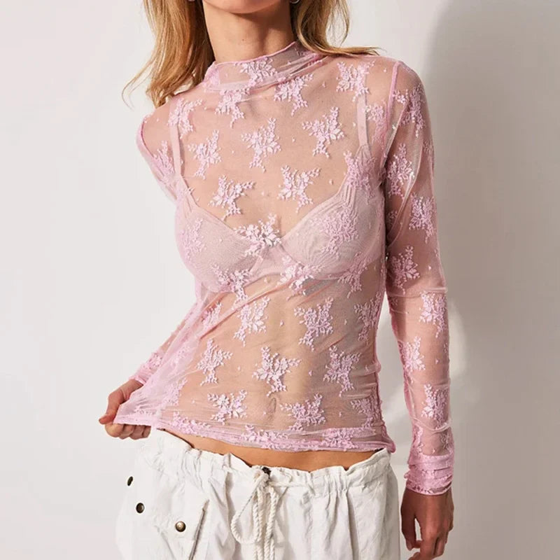 Sexy Mesh Long Sleeve Sheer Top
