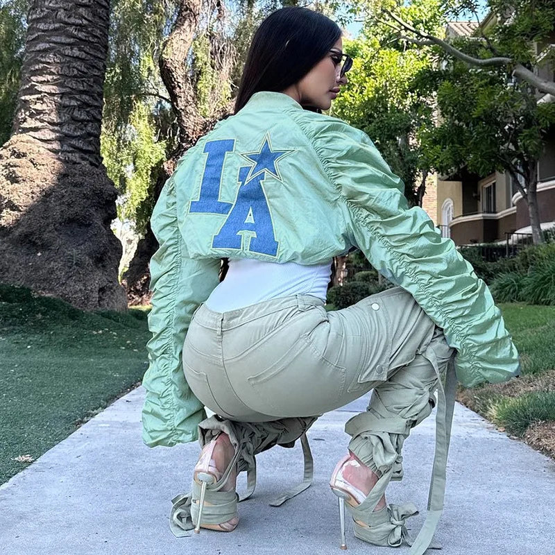 Pleated Letter Racer Crop Jacket