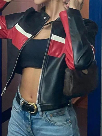 Patchwork Stripe PU Biker Jacket