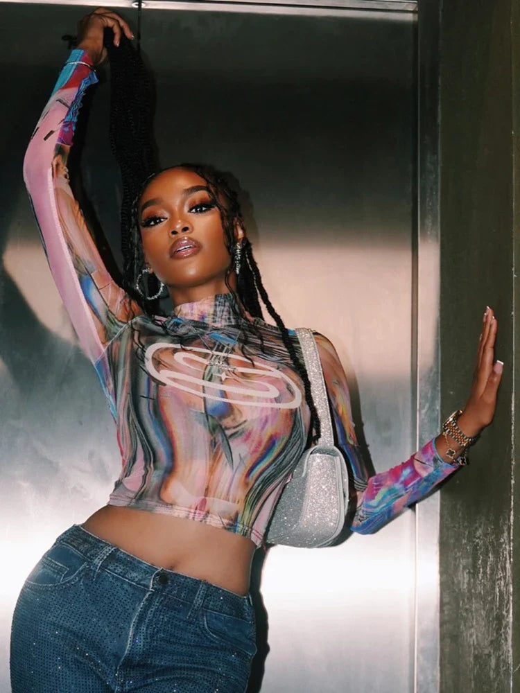 Tie Dye Print Long Sleeve Sheer Top