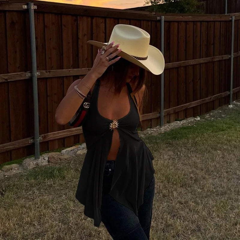 Tie-Back Patchwork Mesh Tank Sheer Top