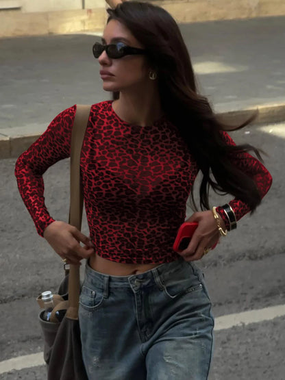 Sexy Leopard Mesh Crop Sheer Top