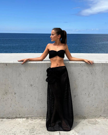 Lace Solid Bikini With Strappy Skirt Three Piece Set