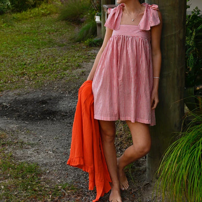 Square Neck Stripe Loose Floral Dress