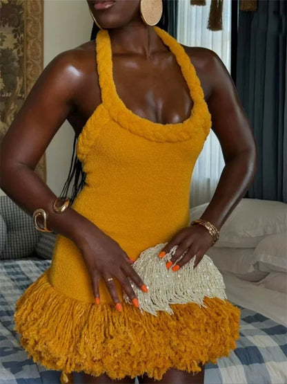 Fluff Patchwork Bandage Halter Mini Dress