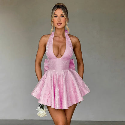 Jacquard Bow Backless Pink Party Dress