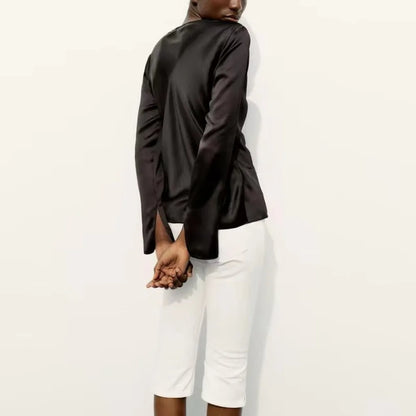 Women's Fashion V-neck Tie Up Bow Silk Satin Blouse