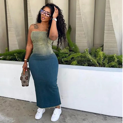 Gradient Denim Corset Slit Midi Dress