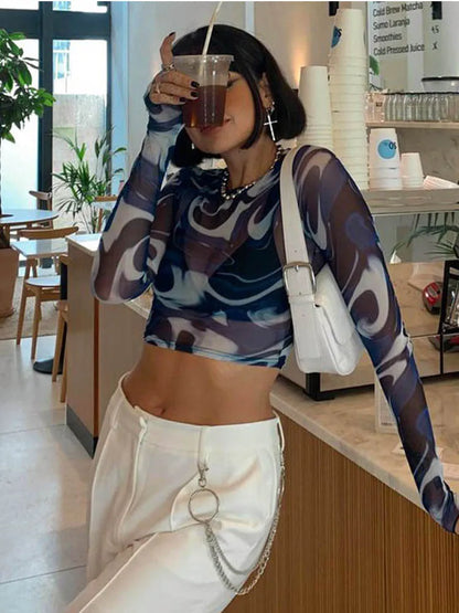 Mesh Print Long Sleeve Pullover Sheer Top