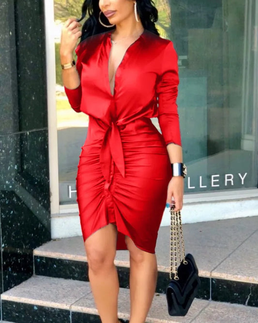 Sexy Deep V Neck Long Sleeve Bodycon Work Dress