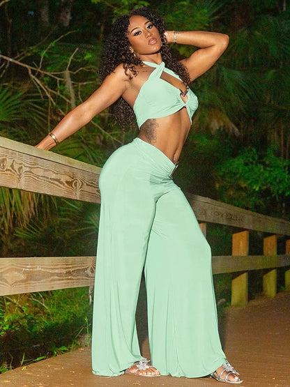 Heart Metal Wide Leg Two Piece Pants Set