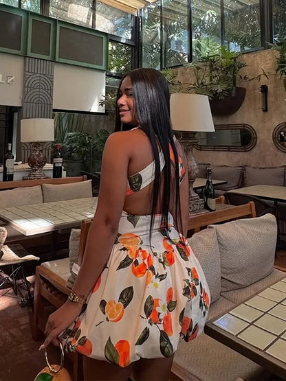 Fruit Print Backless Bohemia Mini Dress