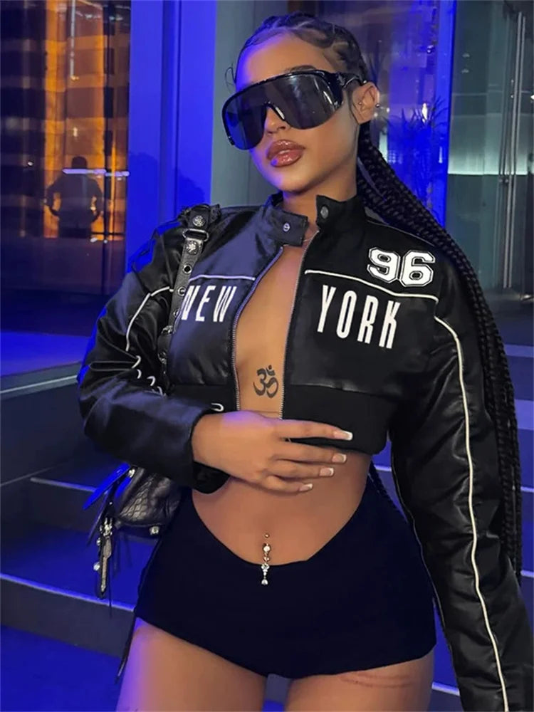 Letter PU Hipster Crop Jacket