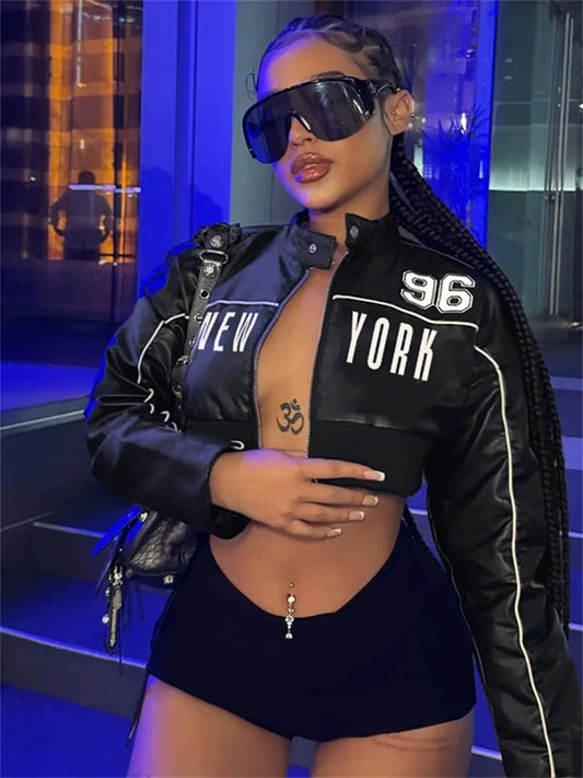 Letter PU Hipster Crop Jacket