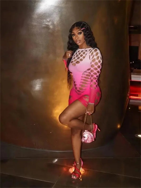 Gradient Hollow Long Sleeve Party Romper