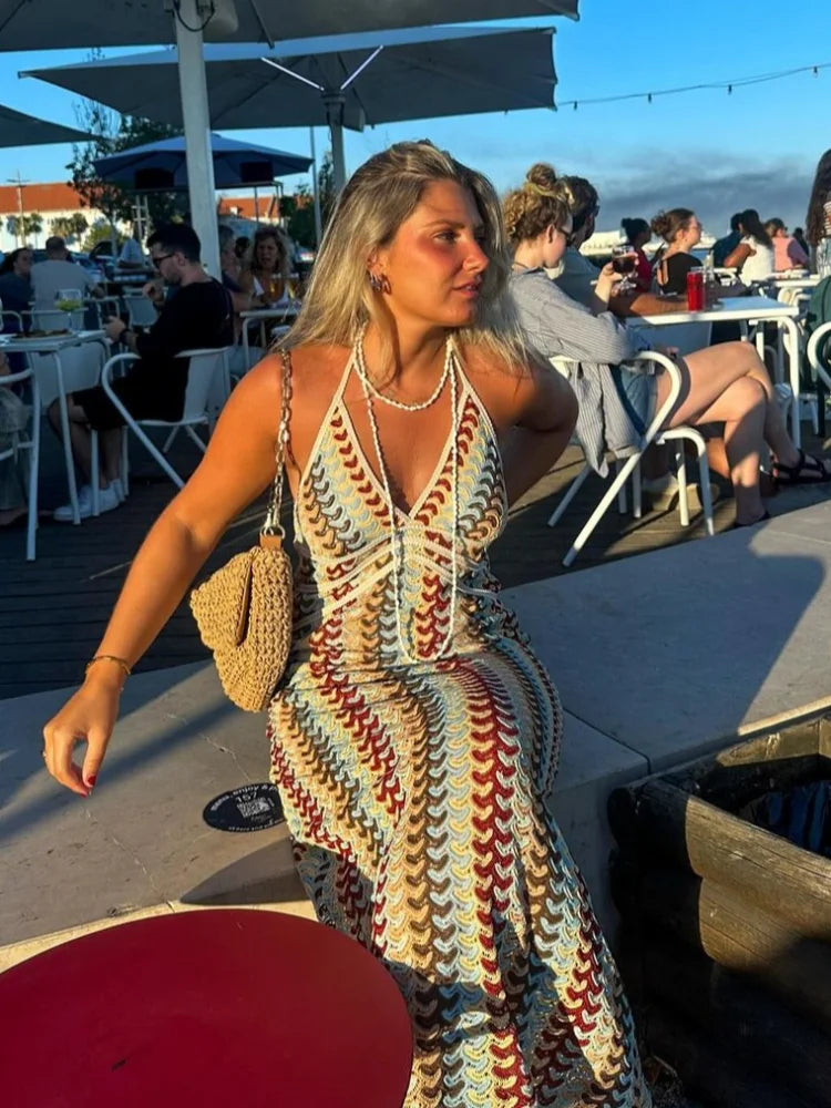 Deep V Neck Colorful Crochet Summer Dress