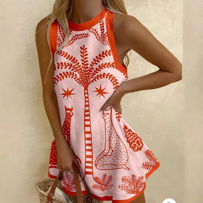 Printed Boho Loose Tank O Neck Mini Dress